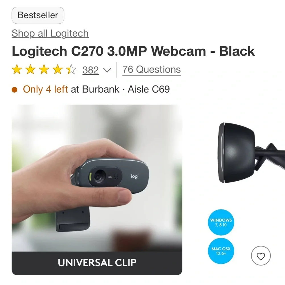 Logitech Black Webcam with Clip Mount for Computers